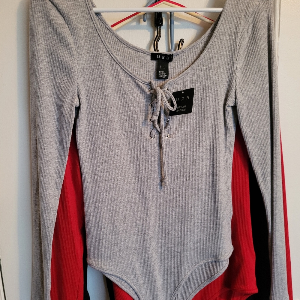 Set of 3 Cute - Long Sleeved Body Suits, lace-up bust. Red, Grey Black